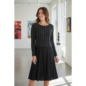 Melissa Masse Black Sparkle Stripe Long Sleeve‎ Midi Fit Flare Dress Small